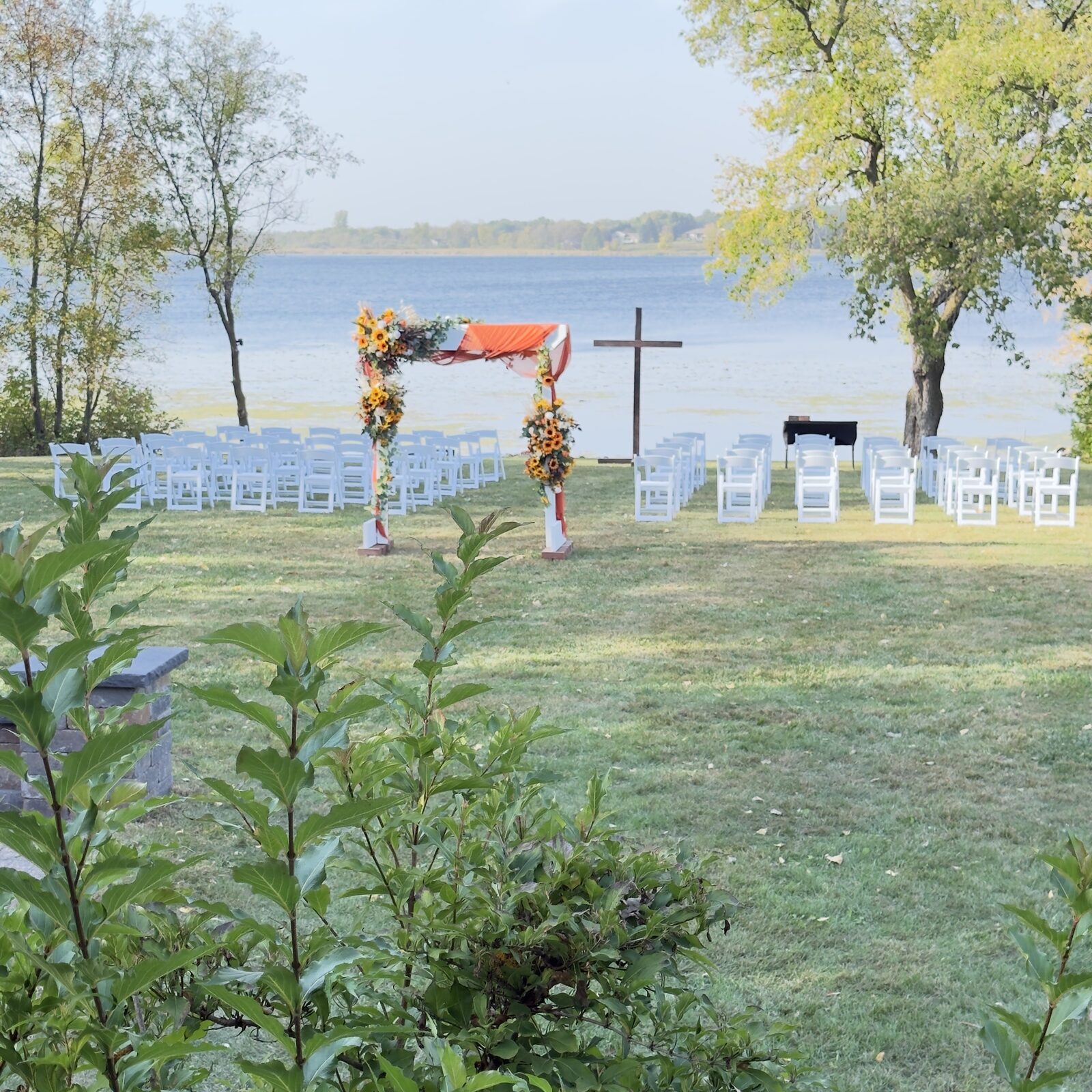 Lakeside patio seating area for cocktail hour